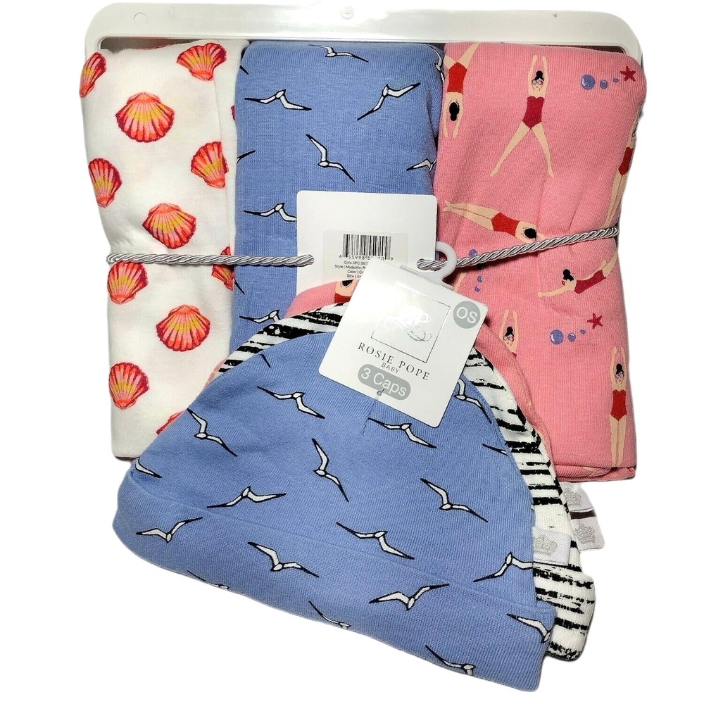 ROSIE‎ POPE 3pc Swaddle Blanket Hat Beanie Set Jersey Cotton Shells Bird Swimmer